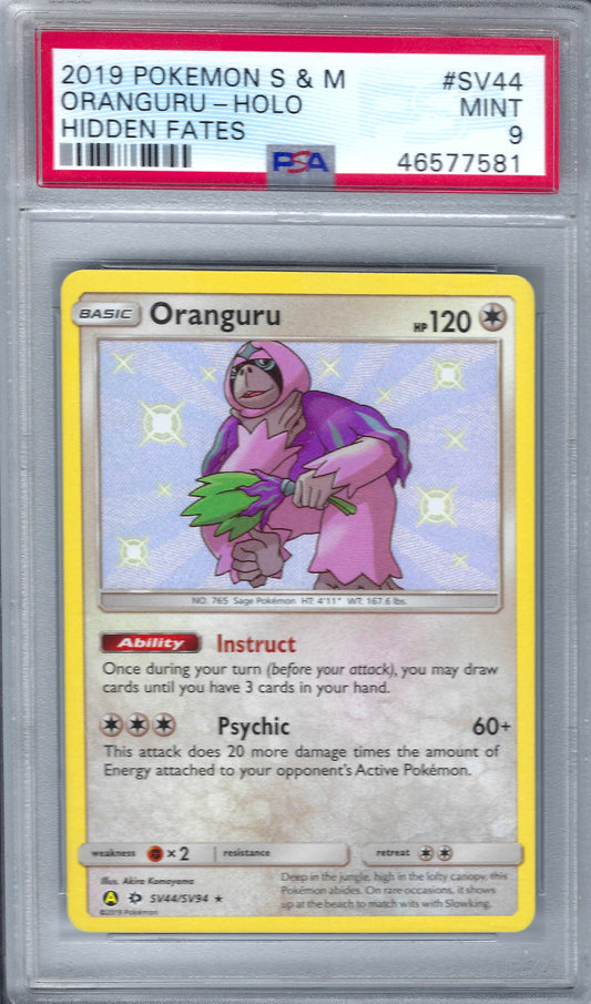 2019 POKEMON SUN & MOON HIDDEN FATES #SV44 ORANGURU-HOLO HIDDEN FATES PSA 9